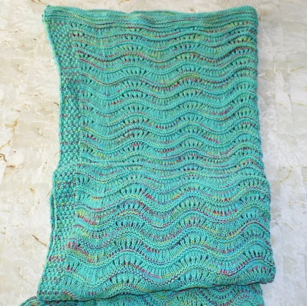 Handmade Knit Mermaid Tail Blanket Afghan Throw Aqua Variegated Cozy Mermaidcore